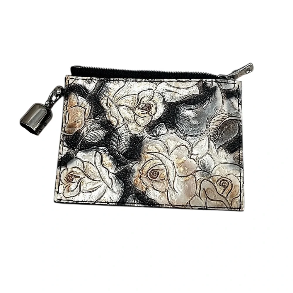 Snakeskin Embossed Studded Floral Zipper Suede Fringe Handle Pouch Card Holder